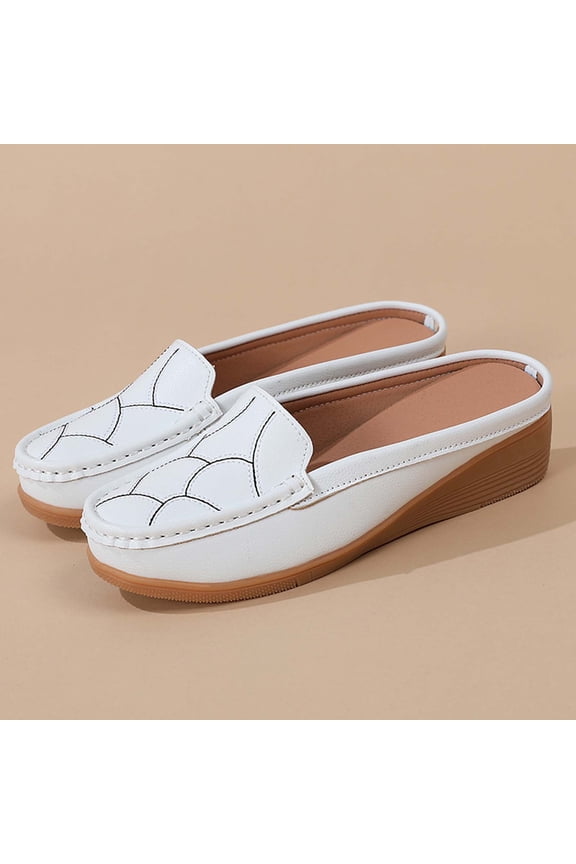 Women Leather Stitched Open Back Wedge Mule Loafers Comfortable Footwear For Office Casual Outdoor Daily Activities