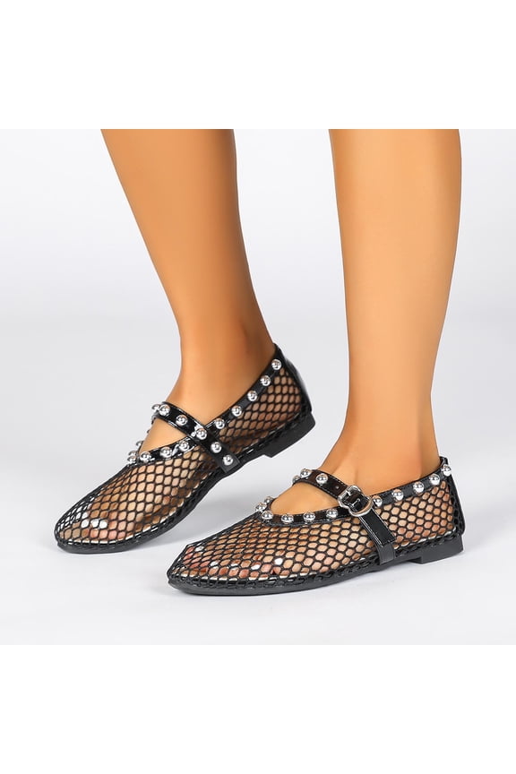 Women Mesh Studded Mary Jane Flats Adjustable Strap Comfortable Footwear For Office Work Party Daily Casual Use