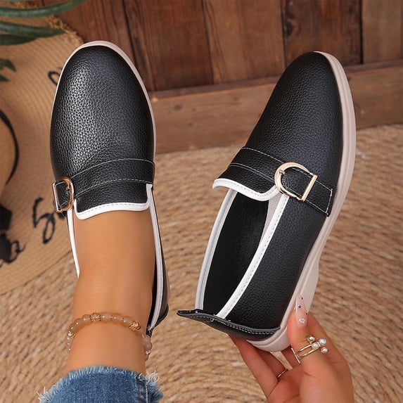Bkhluea Women Metal Buckle Slip-On Loafers Comfortable Footwear For Office Work Daily Casual Outdoor Activities