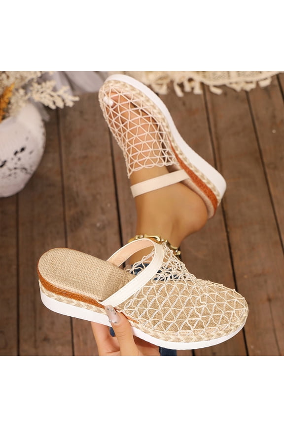 Women Net Hollow Knit Closed Toe Espadrille Wedge Slide Mule Sandals Slip On Breathable Footwear For Casual Outdoor Summer Daily Beach Walking Errands Shopping
