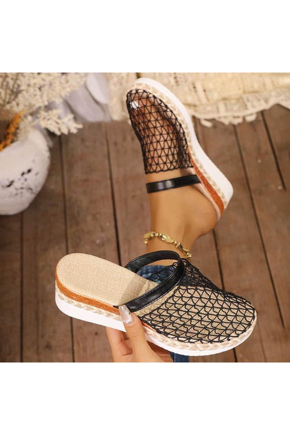 Women Net Hollow Knit Closed Toe Espadrille Wedge Slide Mule Sandals Slip On Breathable Footwear For Casual Outdoor Summer Daily Beach Walking Errands Shopping