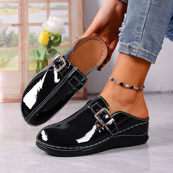 Bkhluea Women Patent Buckle Backless Loafers Slip On Comfortable Footwear For Office Work Daily Casual Outdoor Activities