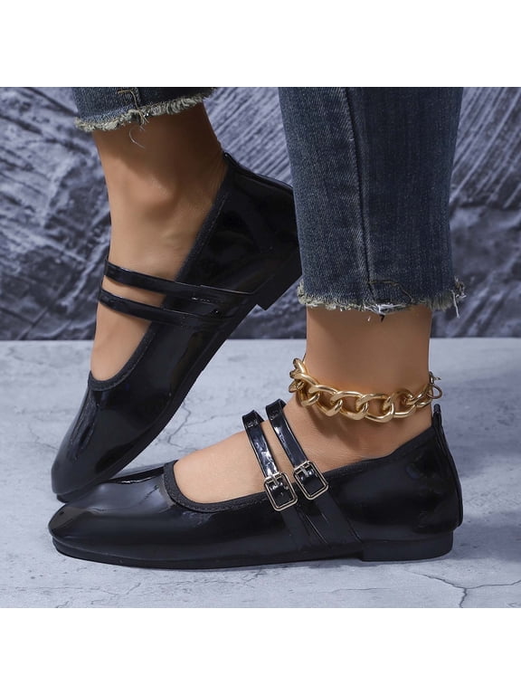 Women Patent Leather Double Strap Buckle Mary Jane Ballet Flats Comfortable Footwear For Office Party Casual Outdoor Daily Activities