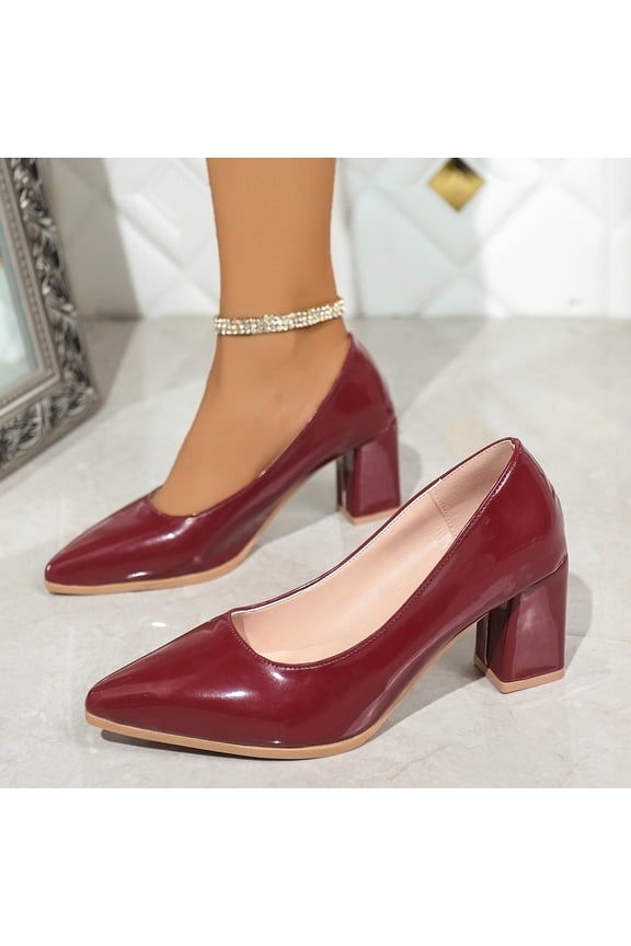 Women Patent Leather Pointed Toe Block Heel Pumps Comfortable Footwear For Office Party Casual Outdoor Daily Activities