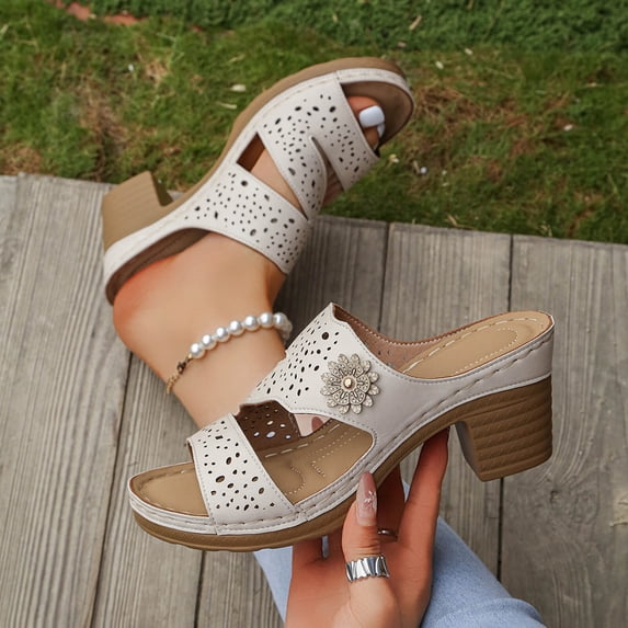 Bkhluea Women Perforated Floral Accent Block Heel Slide Sandals Comfortable Footwear For Casual Outdoor Daily Activities