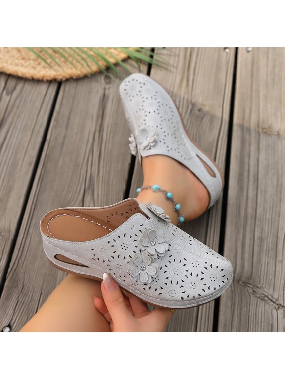 Women Perforated Flower Accent Mule Shoes Slip On Comfortable Footwear For Office Work Daily Casual Outdoor Activities