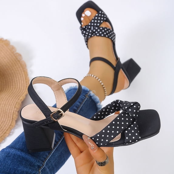 Bkhluea Women Polka Dot Knotted Ankle Strap Block Heel Sandals Adjustable Buckle Footwear For Party Casual Outdoor Daily Summer