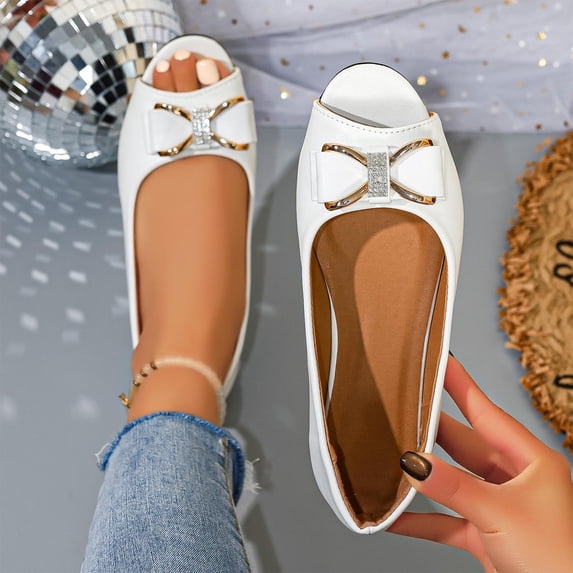 Bkhluea Women Rhinestone Bow Peep Toe Flats Slip On Comfortable Footwear For Office Work Party Daily Casual Use