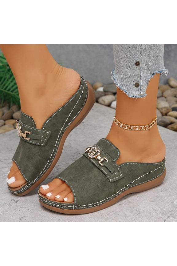 Women Rhinestone Heart Buckle Wedge Slide Sandals Slip On Comfortable Footwear For Casual Outdoor Party Daily Activities