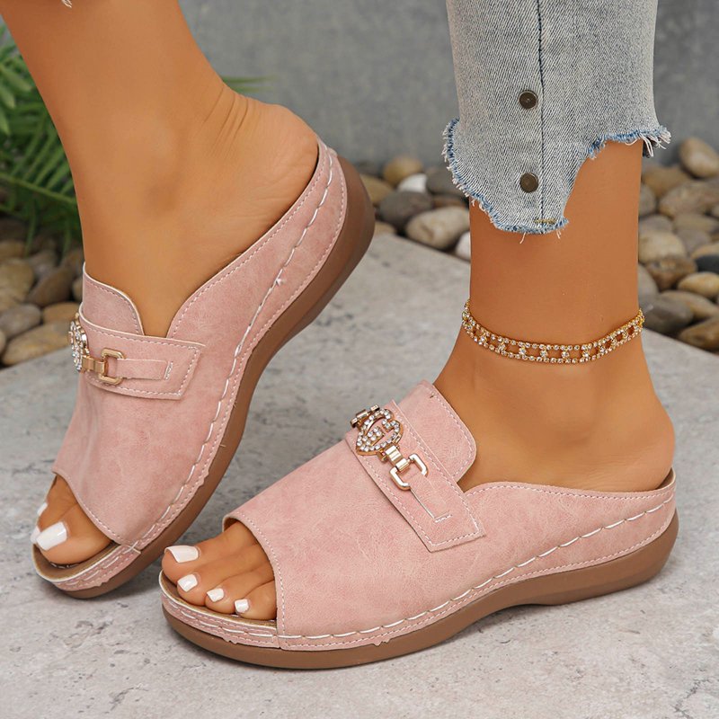 Women Rhinestone Heart Buckle Wedge Slide Sandals Slip On Comfortable Footwear For Casual Outdoor Party Daily Activities
