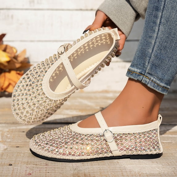 Bkhluea Women Rhinestone Mesh Mary Jane Flats Adjustable Buckle Comfortable Footwear For Office Work Party Daily Casual Use