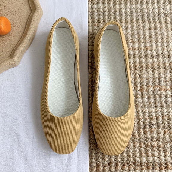 Bkhluea Women Ribbed Knit Square Toe Slip On Ballet Flats Comfortable Breathable Footwear For Office Casual Outdoor Daily Activities