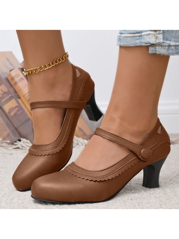 Women Scalloped Mary Jane Heels Adjustable Strap Comfortable Footwear For Office Work Party Daily Casual Use