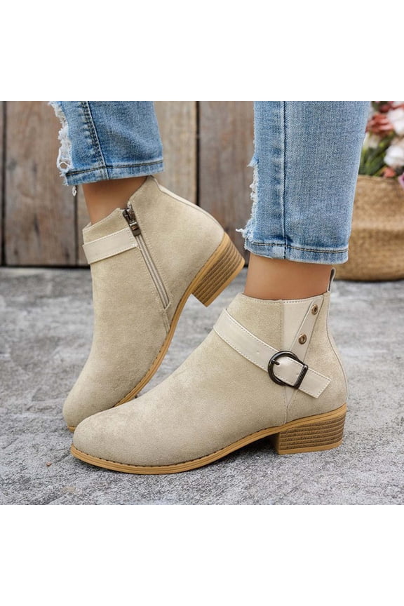 Women Single D Ring Buckle Strap Stacked Wood Block Heel Ankle Boots Round Almond Toe Slip On Footwear For Casual Office