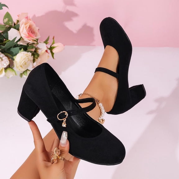 Bkhluea Women Single Strap Suede Rhinestone Charm Mary Jane Block Heel Shoes Round Toe Footwear For Office Casual Wedding Outdoor Daily