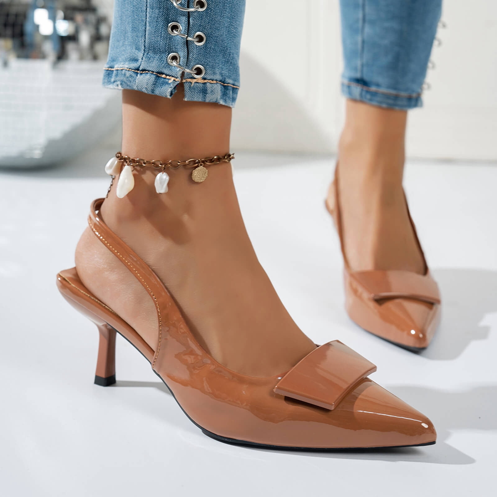 Bkhluea Women Square Front Bow Patent Slingback Kitten Heel Pumps Pointed Toe Elegant Footwear For Party Office Casual Outdoor Evening Wedding