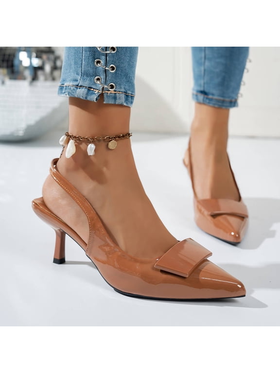 Women Square Front Bow Patent Slingback Kitten Heel Pumps Pointed Toe Elegant Footwear For Party Office Casual Outdoor Evening Wedding