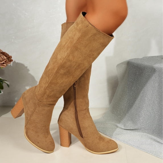Bkhluea Women Straight Shaft Suede Wooden Block Heel Knee High Boots Almond Toe Slip On Footwear For Casual Office