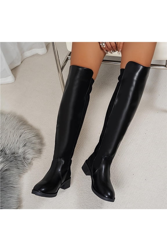 Women Two Tone Panel Low Block Heel Over The Knee Leather Boots Round Toe Slip On Footwear For Casual Outdoor