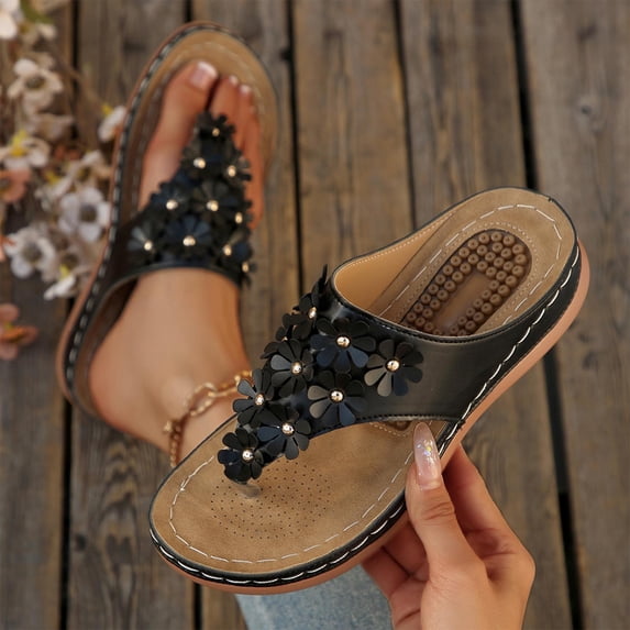 Bkhluea Women Wedge Flip Flop Sandals Multi Floral Decor Shoes Comfortable For Beach Travel Casual Daily Outdoor Activities