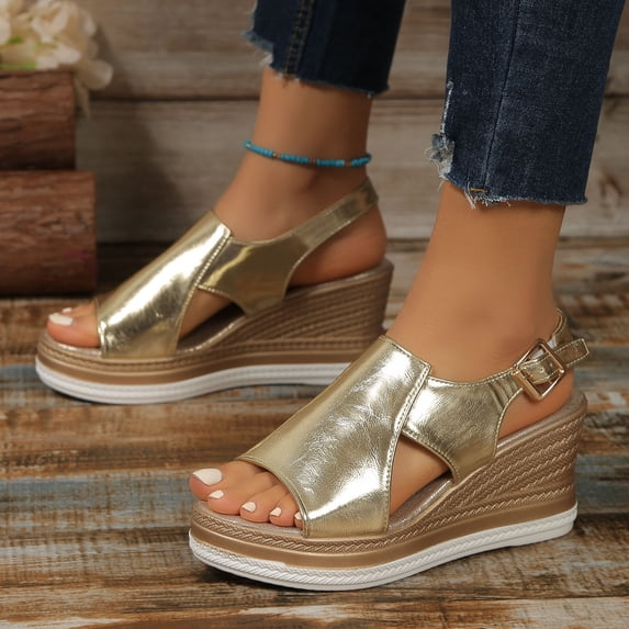 Bkhluea Women Wedge Sandals Open Toe Cross Strap Ankle Buckle Shoes Summer Party Wedding Beach Casual Daily Wear