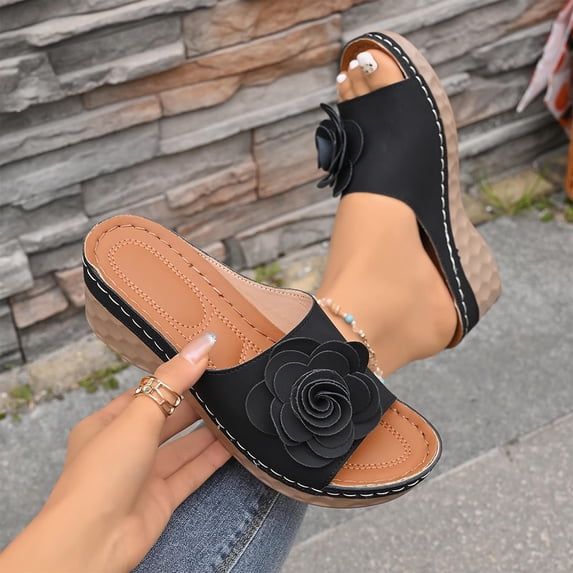 Bkhluea Women Wedge Slide Sandals Floral Applique Shoes Comfortable For Casual Home Travel Daily Outdoor Activities