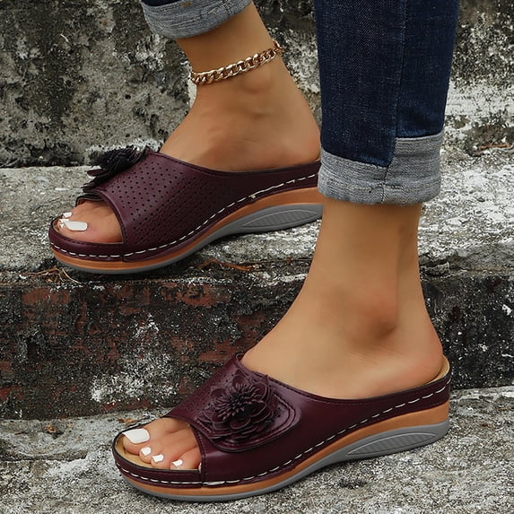 Bkhluea Women Wedge Slide Sandals Flower Decor Comfortable Shoes For Home Travel Casual Daily Outdoor Walking Activities