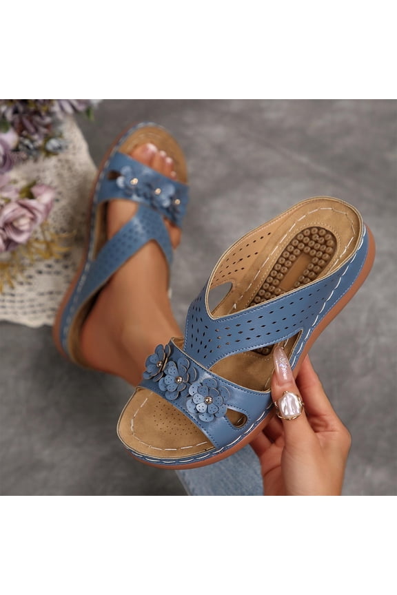 Women Wedge Slide Sandals Perforated Floral Decor Shoes Comfortable For Casual Home Travel Daily Outdoor Activities