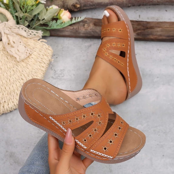 Bkhluea Women Wedge Slide Sandals Star Cutout Embroidered Shoes Comfortable For Casual Home Travel Daily Outdoor Activities