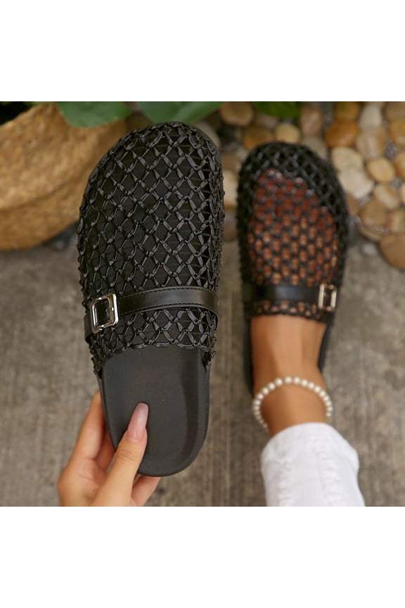 Women Woven Mesh Buckle Strap Closed Toe Mule Sandals Comfortable Footwear For Casual Outdoor Daily Activities