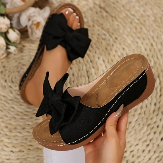 Bkhluea Women's Bow Sandals Square Open Toe Slip on Dressy Summer Sandals Wedge Sandals Platform Slides Platform Espadrilles Sandals