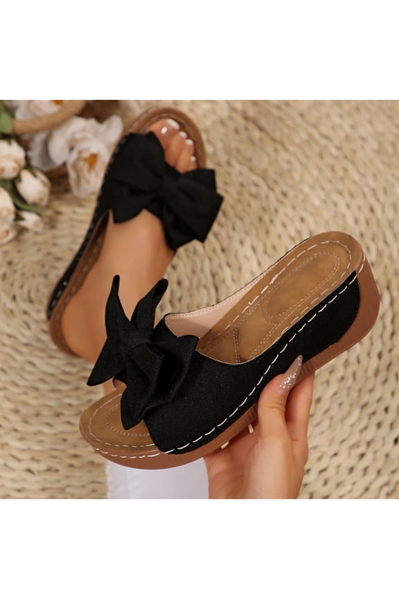 Women's Bow Sandals Square Open Toe Slip on Dressy Summer Sandals Wedge Sandals Platform Slides Platform Espadrilles Sandals