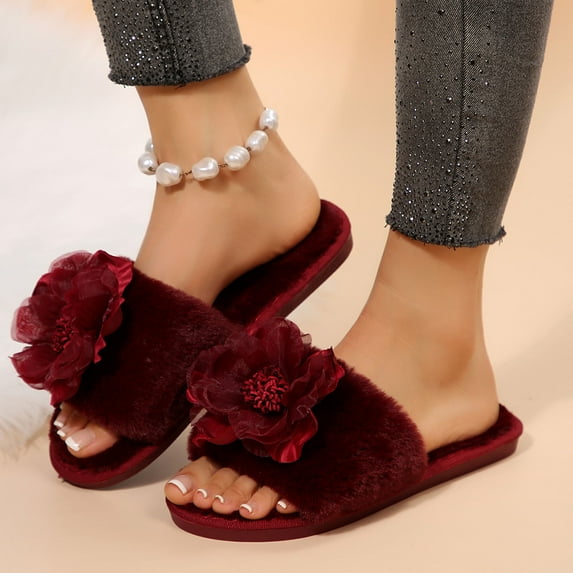 Bkhluea Women's Fuzzy Faux Fur Memory Foam Cozy Flat Spa Slide Slippers Comfy Open Toe Slip On House Shoes Sandals