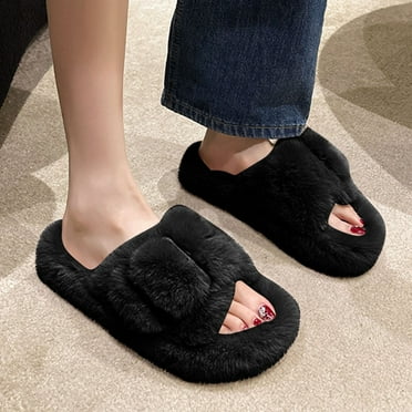 Bkhluea Women's Memory Foam Faux Fur Lined Open Toe Slippers for Women House Shoes Indoor and Outdoor