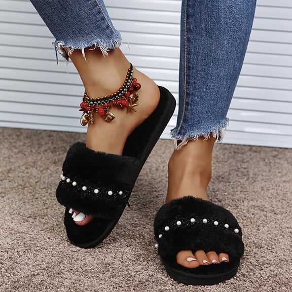 Bkhluea Women's Memory Foam Fuzzy Comfy Faux Fur House Shoes Furry Bedroom Indoor Open Toe Slippers with Bands Trendy Gift Slippers