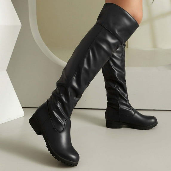 Bkhluea Women's Over The Knee Thigh High Boots Chunky Heel Round Toe Slouchy Side Zipper Fall Winter Boots