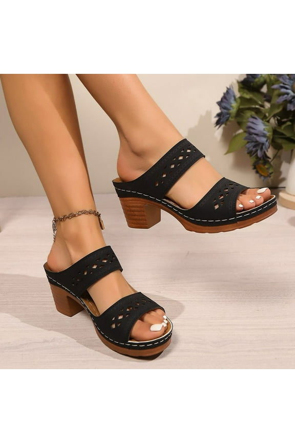 Women's Two Strap Heeled Sandals Open Toe Low Chunky Heels Sandals Dress Casual Pumps Summer Backless Mules Slip On Block Heels
