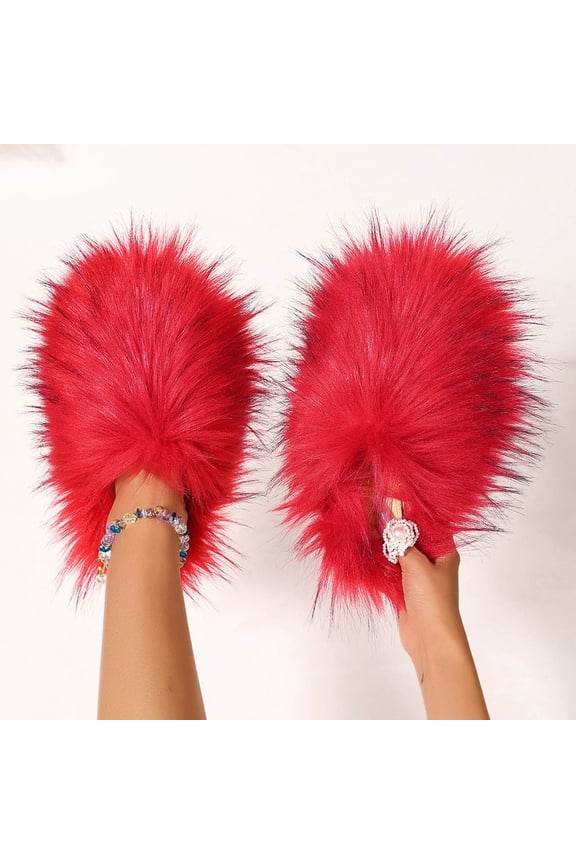 Womens Fluffy Faux Fur Slides Furry Soft Plush House Slippers Shoes Indoor Outdoor Slip On Slipper