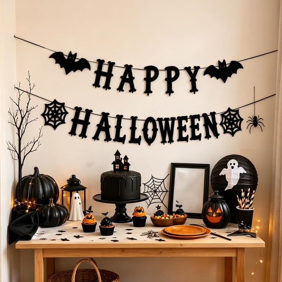 Bklubk 2PC Halloween Greeting Fabric String Spooky Font Hanging Garland With Wing Shapes Web Frame Ornaments Indoor Wall Decor For Halloween Party Indoor Scene Layout