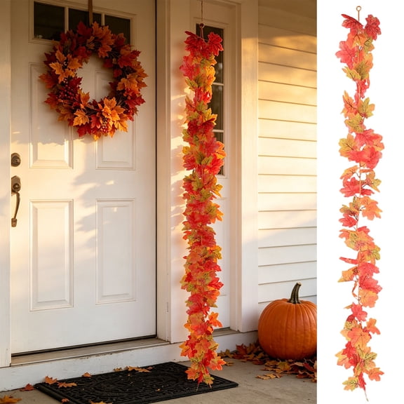Bklubk Artificial Fall Maple Leaf GarlandFestival FauxVine Hanging Foliage For Home Mantel Table Front DoorDecorat