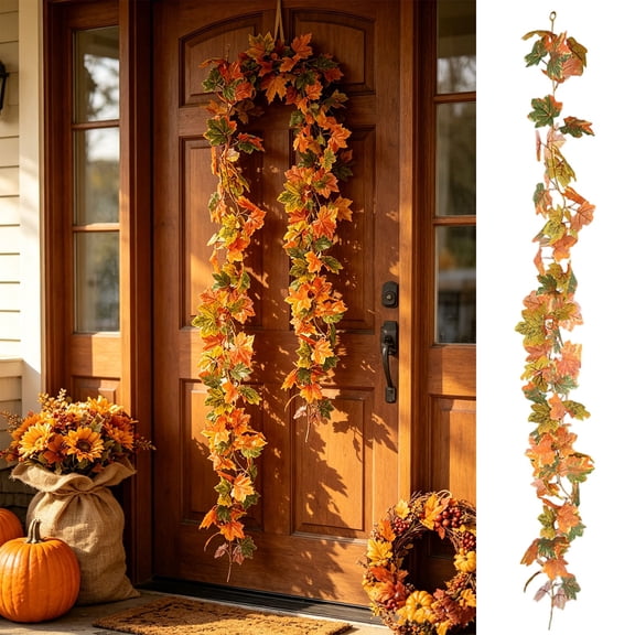 Bklubk Artificial Fall Maple Leaf GarlandFestival FauxVine Hanging Foliage For Home Mantel Table Front DoorDecorat