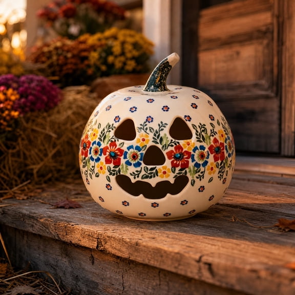 Bklubk Floral Hand Ceramic Light Up Pumpkin Halloween Tabletop Decor Lamp