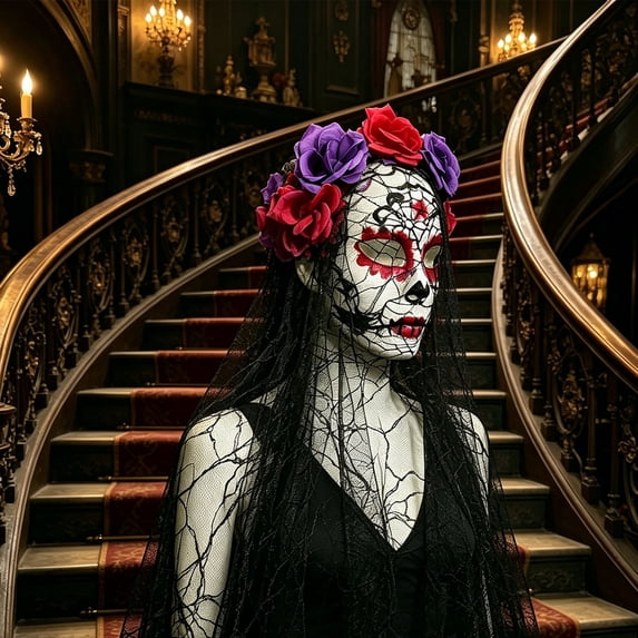 Bklubk Gothic Rose Lace Mask with Tulles Veils Masquerade Eye Mask for Halloween Party Costumes Women