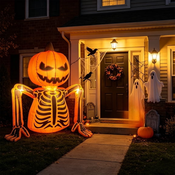 Bklubk Halloween Inflatable Skull Pumpkin Model 6FT With Light And Glowing Effect For Outdoor Decoration