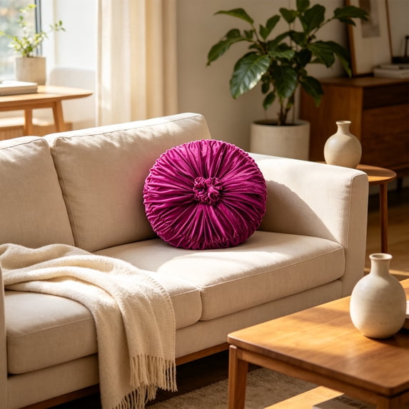Bklubk Ruched Velvet Round Throw Pillow Rosette Center Pleated CircleDecorative Cushion Multi Color Solid Velvet Accents Round Pillow For Sofa Bed Home Decor