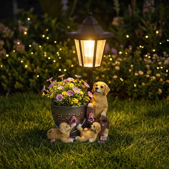Bklubk Solar Dog Garden Statue With Flower Planter Pot.Hand Labrador Puppy Resin Figurine Lamp. Auto Waterproof Outdoor Decor Light