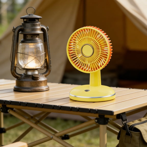 Bklubk Summer Fan, Round Base Fan Rechargeable Desktop Fan Portable Cooling Fan for Outdoor Gift Use, Simple Style Yellow