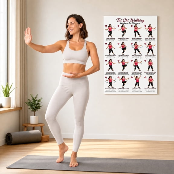 Bklubk Tai Chi Walking Exercise Poster For Women Mindfulness Workout Chart Qigong Guide For Home Gym Senior Fitness Wall Art Daily Stretching Routine Poster