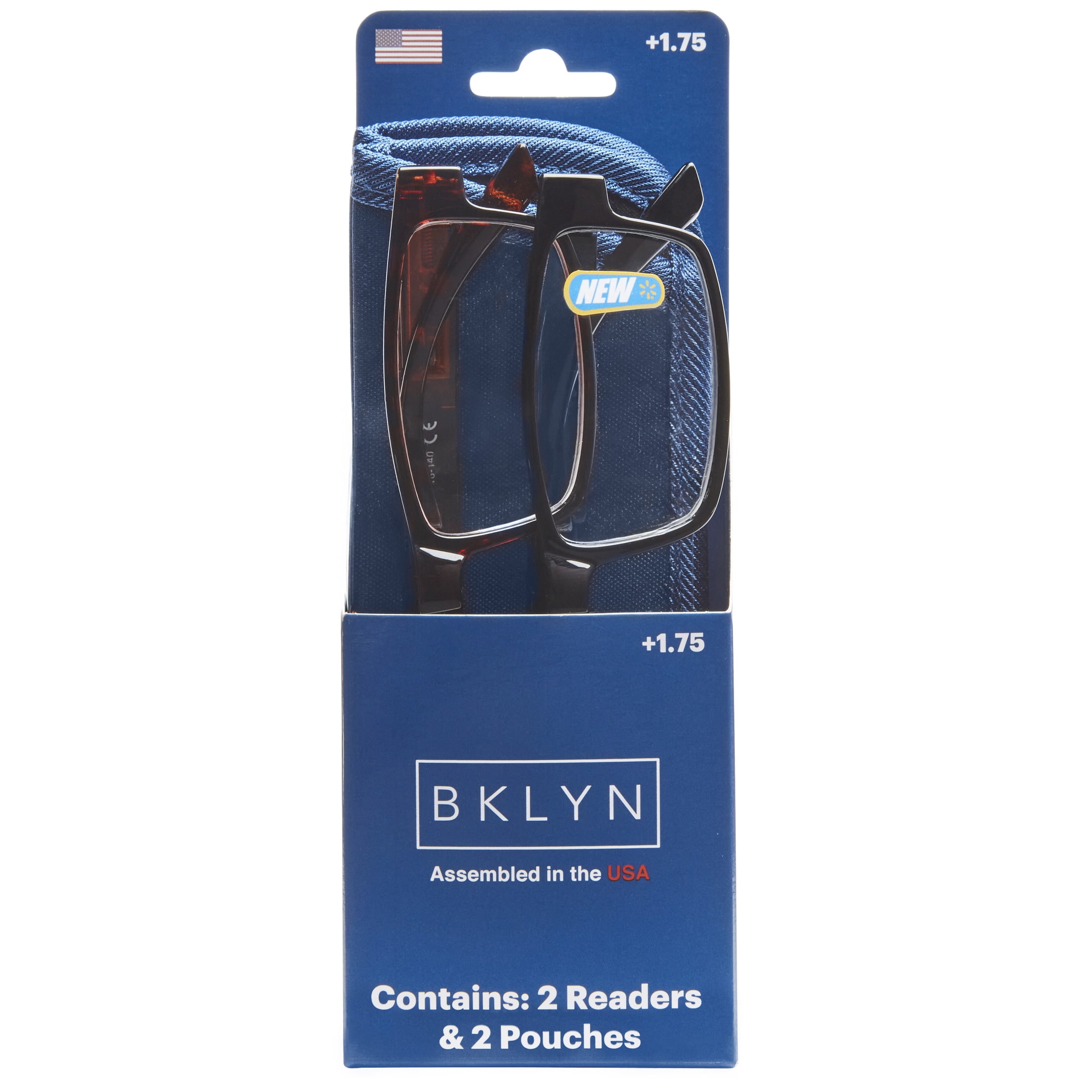 Bklyn, Sumner +1.75, Adult, Mens, Rectangle Plastic Reading Glasses & Pouches Value Pack , 2 Ea