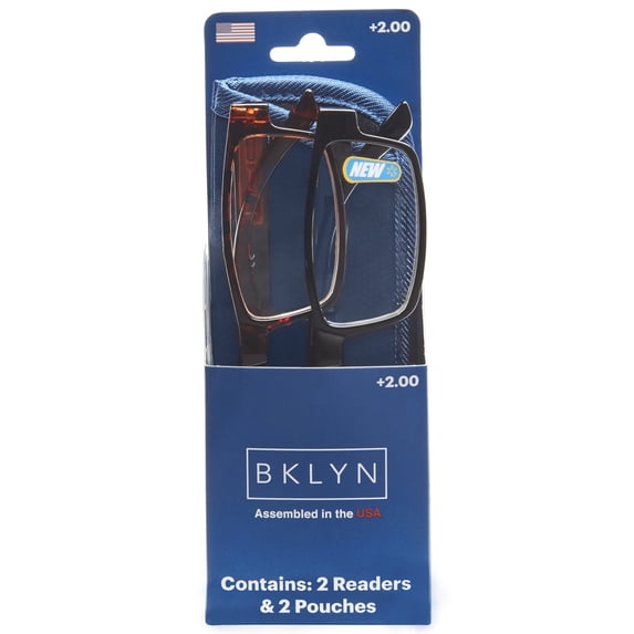 Bklyn, Sumner +2.00, Adult, Mens, Rectangle Plastic Reading Glasses & Pouches Value Pack , 2 Ea